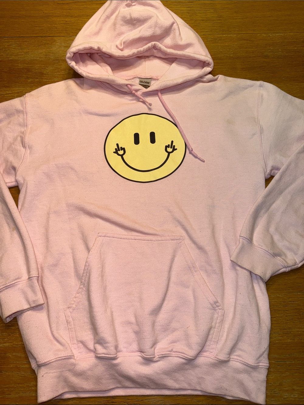 Gildan Light Pink Hoodie with Yellow Smiley Graphic